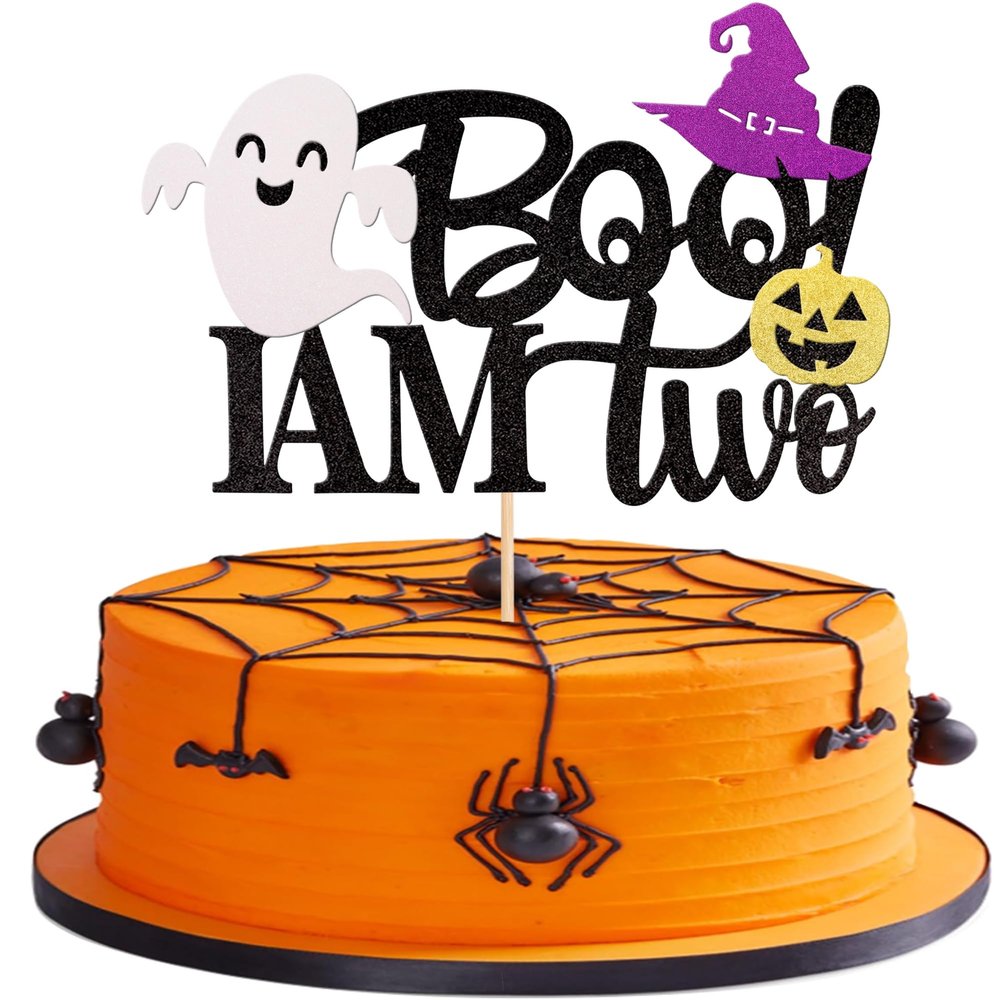 1 PCS Boo I'm Two Cake Topper Glitter Ghost Witch Hat Pumpkin Halloween 2nd Birthday Cake Pick Decoration Here for the Boo Baby Shower 2nd Birthday Party Decorations Supplies