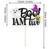 1 PCS Boo I'm Two Cake Topper Glitter Ghost Witch Hat Pumpkin Halloween 2nd Birthday Cake Pick Decoration Here for the Boo Baby Shower 2nd Birthday Party Decorations Supplies view 2