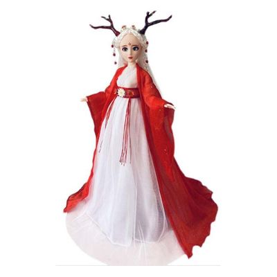 Chinese Hanfu Ball Joints Doll Snow Deer Princess Dress Up Toys Handmade Red Ancient Costume Doll Girls Gift, 12 inch