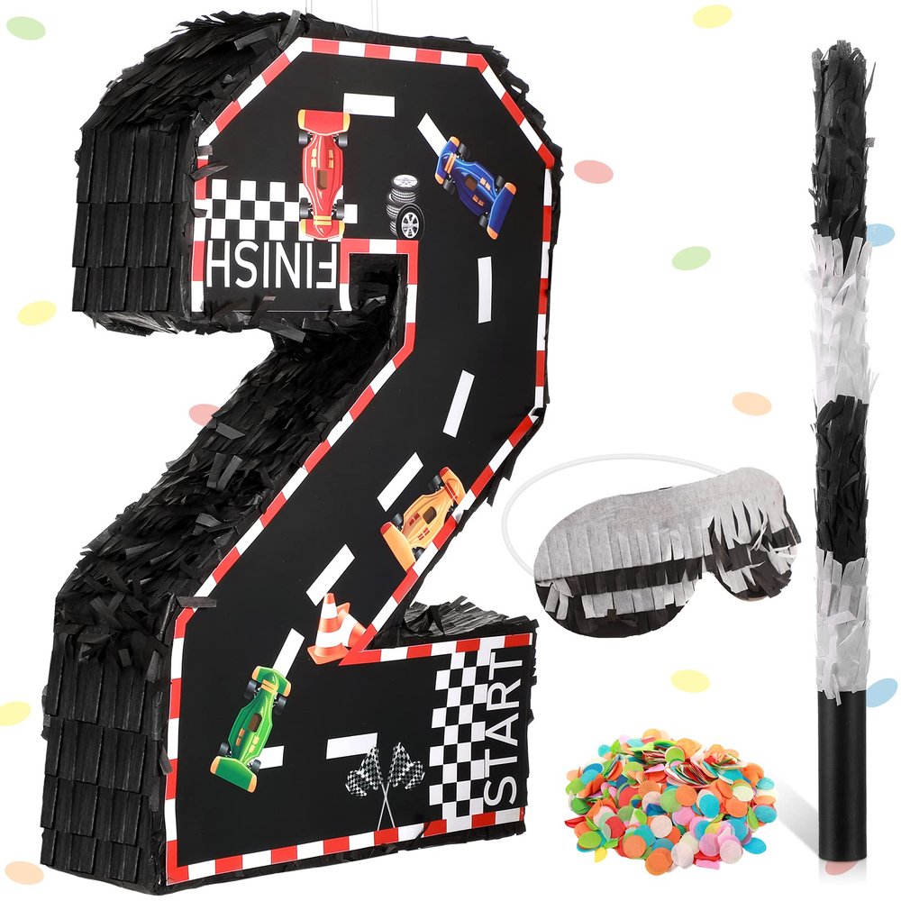 Sratte Race Car Number Piata Small Racing Piata with Blindfold Bat and Confetti for Boy Race Car Themed Birthday Anniversary Celebration Party Supplies, 16.1 x 10.6 x 3 Inch (number 2)