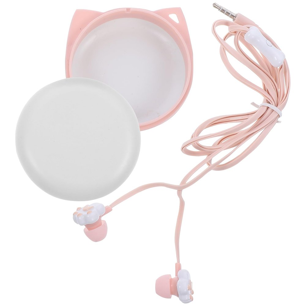 Mikikit Creative Cat Paw Earbuds with Cartoon Storage Box for Kids and Girls Comfortable Wired Earphones in Pink for Music and Gaming