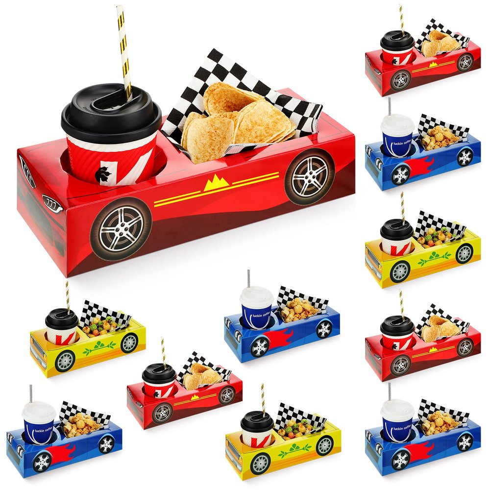 Lincia 12 Pieces Race Car Party Food Boxes Car Birthday Party Supplies Food Trays with Snack and Drinks Boxes and One Pack Checkered Napkin for Birthday Race Themed Supplies
