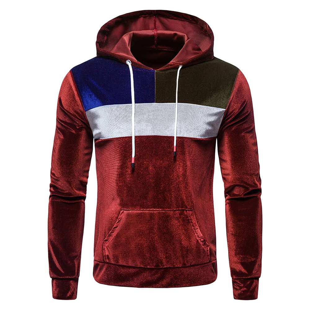 Maiyifu-GJ Men's Color Block Hooded Velour Jacket Casual Long Sleeve Velvet Velour Hoodies Retro Hip Hop Sweatshirt Pullover (Red,Medium)