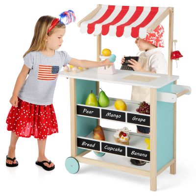 Costzon Kids Pretend Play Grocery Store, Wooden Ice Cream Cart Toy Set for Kids with Ice Cream Making Counter, Scale, Bell, Display Shelves, Black Board, Canopy, Solid Wooden Wheels, Gift for Toddlers