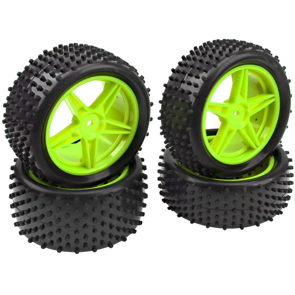 4Pack HIRCQOO OD 88mm/3.46" Front & Rear Rubber Plastic Wheel Rims Tires 12mm Hex Hub Compatible with Redcat Tornado Shockwave HPI HSP ExceedRC Kyosho 1/10 Scale Off Road Buggy (Green)
