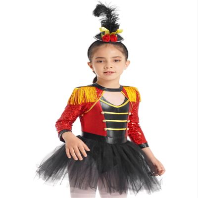 Agoky Girls Halloween Circus Ringmaster Costume Tassel Sequin Dance Leotard Dress with Mini Top Hat Cosplay Fancy Dress Up Red 16 Years