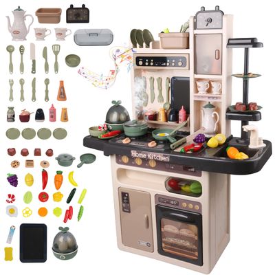 Pretend Food Kitchen Playset Toy Accessories Set with Real Sound, Lights Running Water Steam, Music