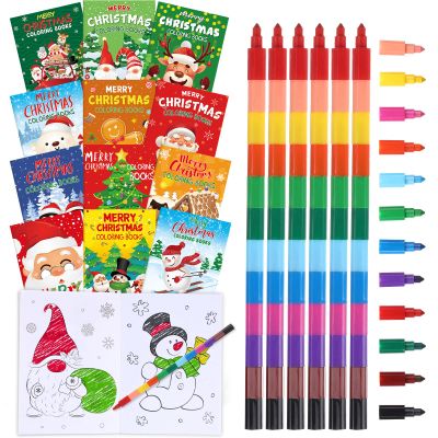 Funrous 24 Pcs Bulk Christmas Coloring Books with 24 Stackable Crayons Set Christmas Mini Coloring Books for Xmas Holiday Stocking Stuffers Activity Gifts Party Favors(Vivid)