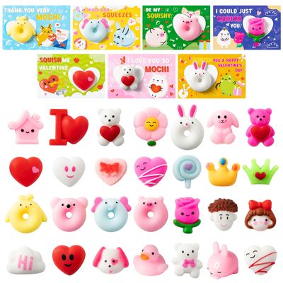 Haooryx Valentine's Day Greeting Gifts Cards with Mochi Squishy Toys - 28Pcs Mini Kawaii Heart Rose Stress Relief Squishy Sets for Kids Valentine's Day School Classroom Prize Party Favor Gift Exchange