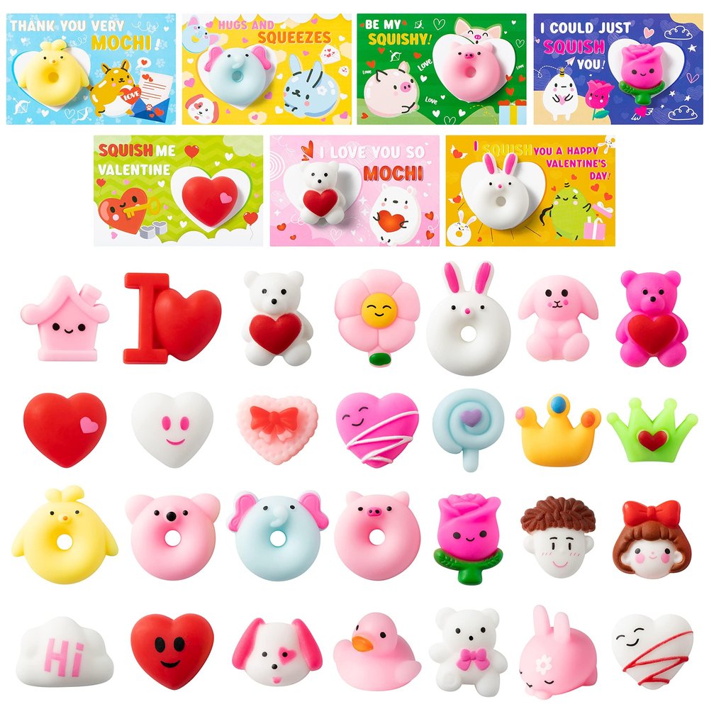 Haooryx Valentine's Day Greeting Gifts Cards with Mochi Squishy Toys - 28Pcs Mini Kawaii Heart Rose Stress Relief Squishy Sets for Kids Valentine's Day School Classroom Prize Party Favor Gift Exchange