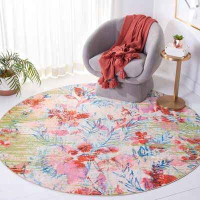 SAFAVIEH Washable Rug Paint Brush Collection - 6'7" Round, Blue & Blush Pink, Slip Resistant & Easy to Clean, Ideal for Living Room, Bedroom, Nursery, Kids Playroom, Dining Space (PTB159M)