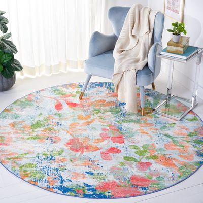 SAFAVIEH Washable Rug Paint Brush Collection - 6'7" Round, Navy & Orange, Slip Resistant & Easy to Clean, Ideal for Living Room, Bedroom, Nursery, Kids Playroom, Dining Space (PTB157N)