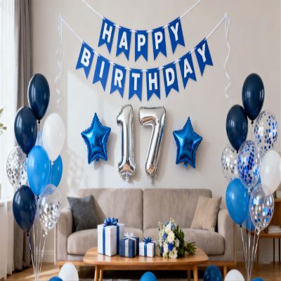 17th Birthday Party Decorations Blue for Boys, Happy Birthday Banner Blue Number 17 Birthday Star Foil Balloons Latex Confetti Balloons for Boys Him Son17 Year Old Birthday Supplies(17th)