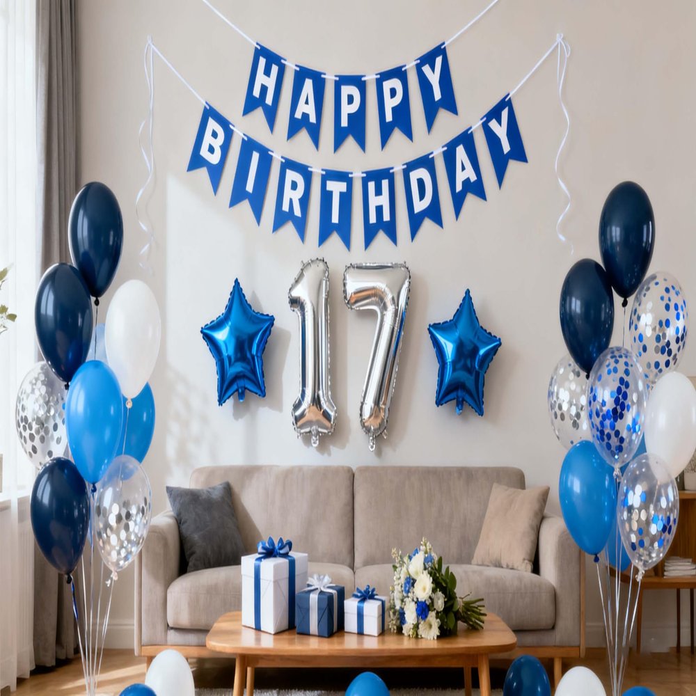 17th Birthday Party Decorations Blue for Boys, Happy Birthday Banner Blue Number 17 Birthday Star Foil Balloons Latex Confetti Balloons for Boys Him Son17 Year Old Birthday Supplies(17th)