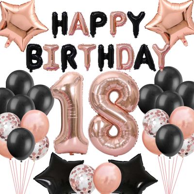 18th Birthday Decorations for Girls, Black Rose Gold 18th Happy Birthday Banner Jumbo Number 18 Star Foil Balloons 18th Birthday Latex Confetti Balloon for Girl Her 18 Years Old Birthday Party(18th)