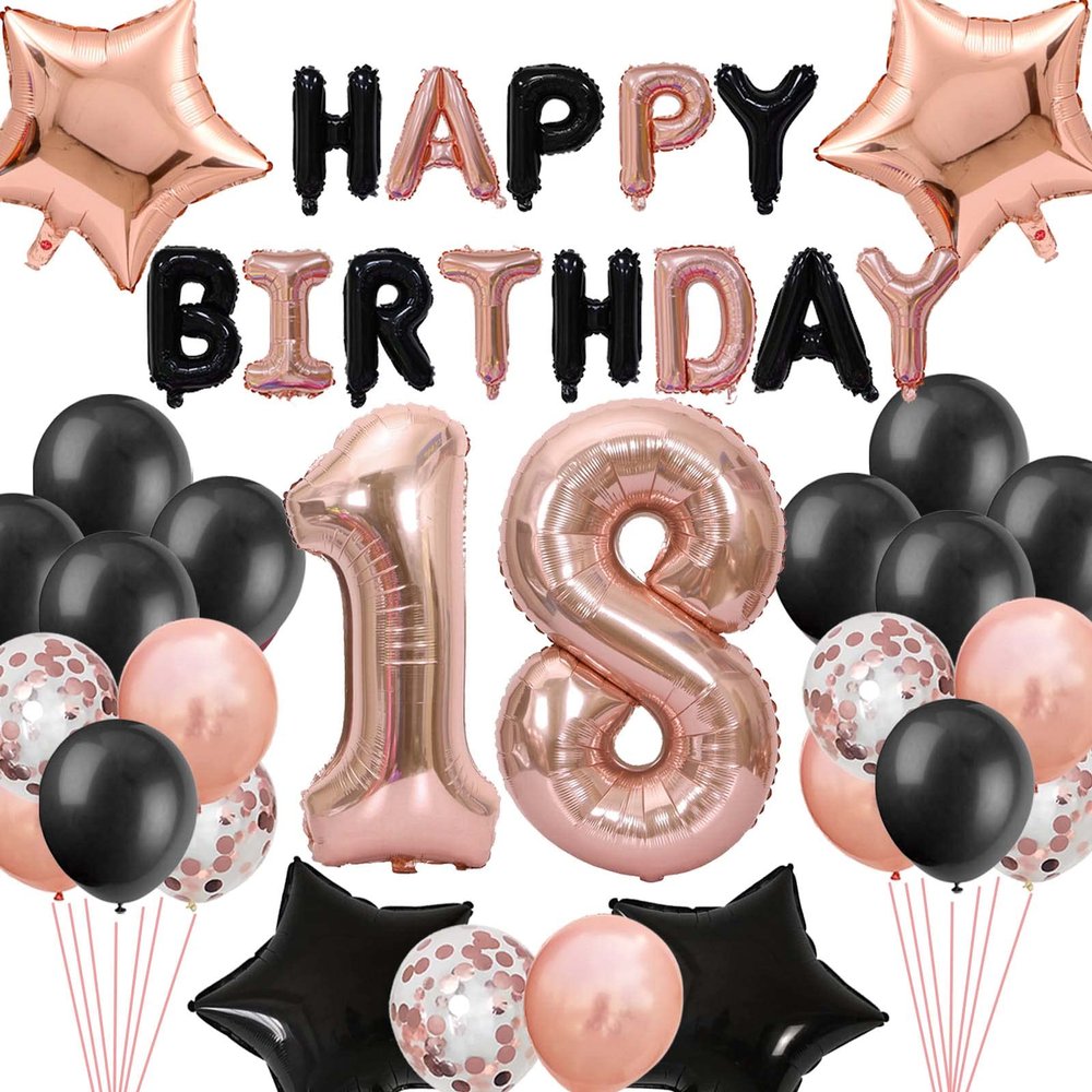 18th Birthday Decorations for Girls, Black Rose Gold 18th Happy Birthday Banner Jumbo Number 18 Star Foil Balloons 18th Birthday Latex Confetti Balloon for Girl Her 18 Years Old Birthday Party(18th)