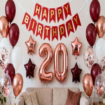 20th Birthday Party Decorations Rose Gold for Women, Happy Birthday Banner Rose Red Number 20 Balloons Star Foil Balloons 20th Birthday Confetti Balloons for Girls 20 Years Old Birthday Party(20th)