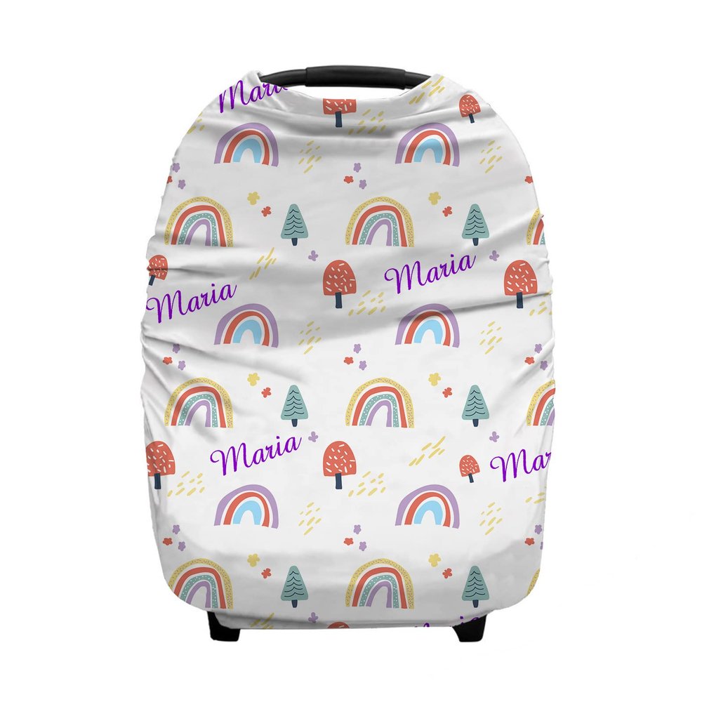 Personalized Colorful Rainbow Baby Car Seat Covers with Name, Custom Nursing Cover Breastfeeding for Babies, Carseat Canopy for Boys and Girls, Infant Stroller Cover, Breathable Carseats Cover