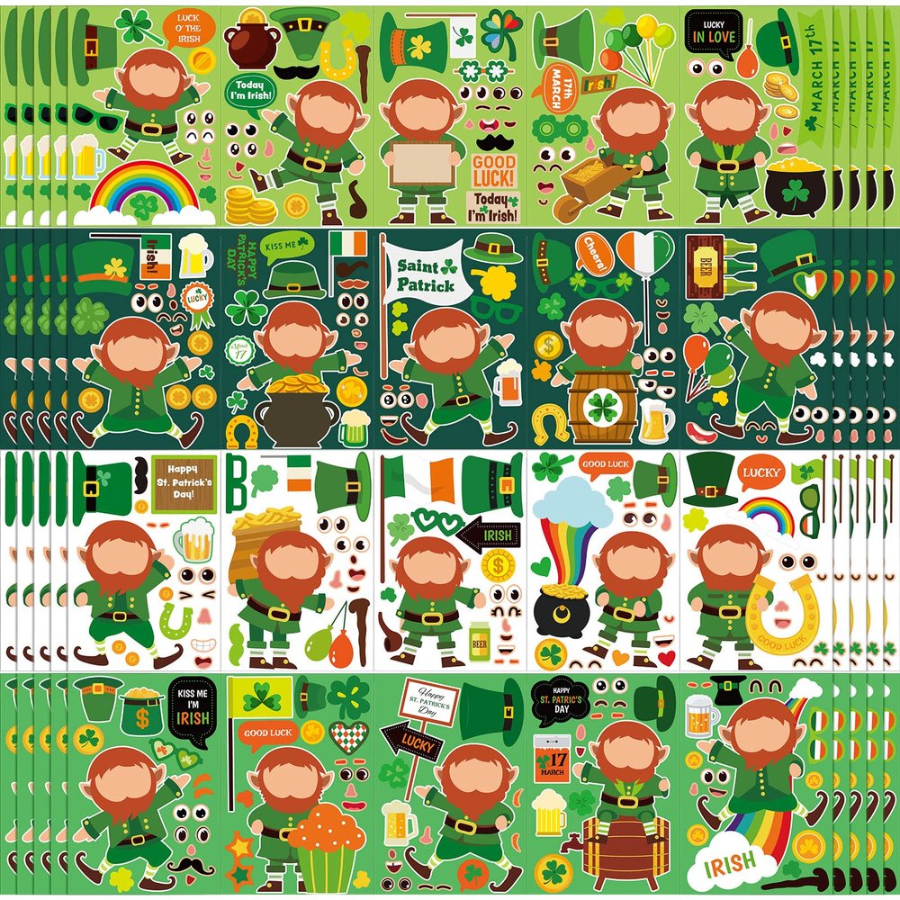 100 Pcs St. Patricks Make Your Own Stickers Shamrock Sticker Sheets for DIY St. Patrick's Day Party Craft Favors (Shamrock Style)