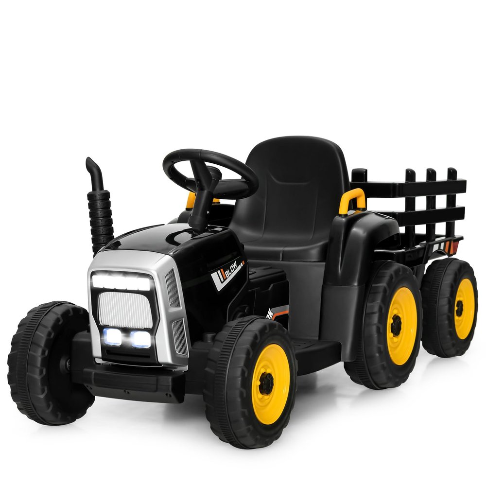 Costzon Ride on Tractor with Detachable Trailer, Kids' Electric Vehicles w/3-Gear-Shift Ground Loader, Wireless Design & USB, 7 LED Headlights, Remote Control Tractor Toy for Kids 3+ (12V, Black)