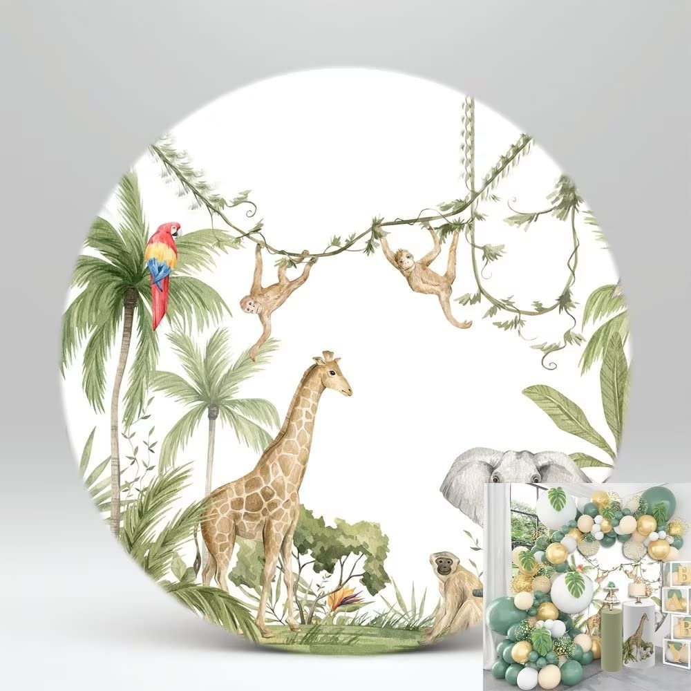 Iydamc Jungle Safari Animals Round Backdrop Kids Newborn Baby Birthday Party Cake Table Decorations Supplies Circle Cover Props Dia-6ft NO-239