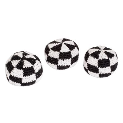 NOVICA Artisan Handmade Cotton Hacky Sacks Black White Check Set of 3 Multicolor Guatemala Chess Sets Games Other Backyard Barbeque Folk Art Geometric [ 2.4in H x 2.4in Diam.] ' Checkers' Set of 3