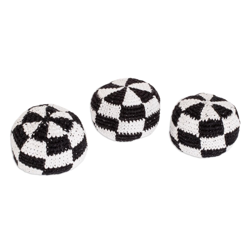 NOVICA Artisan Handmade Cotton Hacky Sacks Black White Check Set of 3 Multicolor Guatemala Chess Sets Games Other Backyard Barbeque Folk Art Geometric [ 2.4in H x 2.4in Diam.] ' Checkers' Set of 3