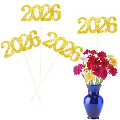 12 Pieces Glitter 2026 Centerpiece Sticks Gold Double Sided 2026 Graduation Party Sticks 2026 Floral Picks Table Centerpiece Topper for 2026 Graduation New Year Party Decoration Supplies,4.9x9.1"