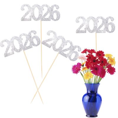 12 Pieces Glitter 2026 Centerpiece Sticks Silver Double Sided 2026 Graduation Party Sticks 2026 Floral Picks Table Centerpiece Topper for 2026 Graduation New Year Party Decoration Supplies,4.9x9.1"