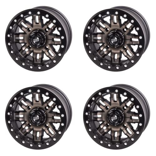 (4 Pack) 4/156 Tusk Teton Beadlock Wheel 14x7 4.0 + 3.0 Smoke/Black For Polaris RZR XP 4 Turbo EPS 2016-2021
