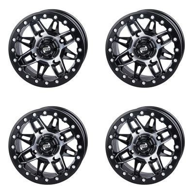 (4 Pack) 4/156 Tusk Wasatch Beadlock Wheel 14x7 4.0 + 3.0 Machined/Black For Polaris Sportsman 570 Ride Command Edition 2022-2024