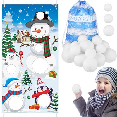 Elcoho 22 Pieces Snow Toss Games Banner Snow Toy Ball Set Winter Toss Cornhole Games Banner with Snow Toss Balls and Drawstring Bag for Xmas Indoor Outdoor Throwing Games Party Supplies