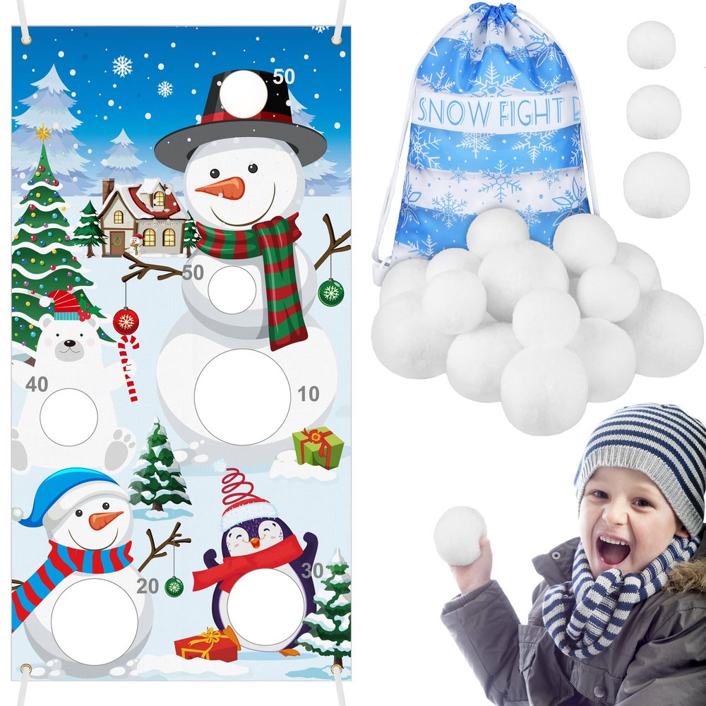 Elcoho 22 Pieces Snow Toss Games Banner Snow Toy Ball Set Winter Toss Cornhole Games Banner with Snow Toss Balls and Drawstring Bag for Xmas Indoor Outdoor Throwing Games Party Supplies