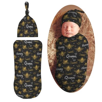 AuHomea Bee Newborn Swaddle Blanket with Beanie Set Soft Baby Sleep Sack Stretch Adjustable Swaddle Wraps Receiving Blankets
