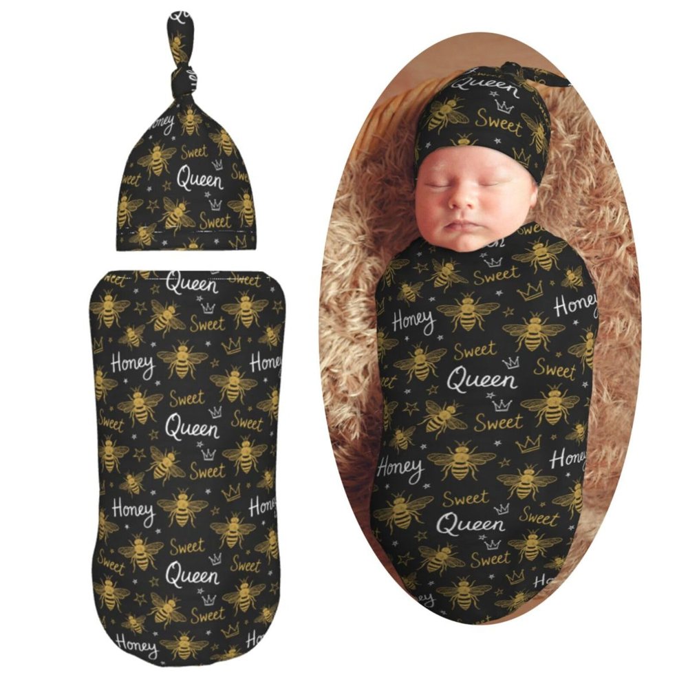 AuHomea Bee Newborn Swaddle Blanket with Beanie Set Soft Baby Sleep Sack Stretch Adjustable Swaddle Wraps Receiving Blankets