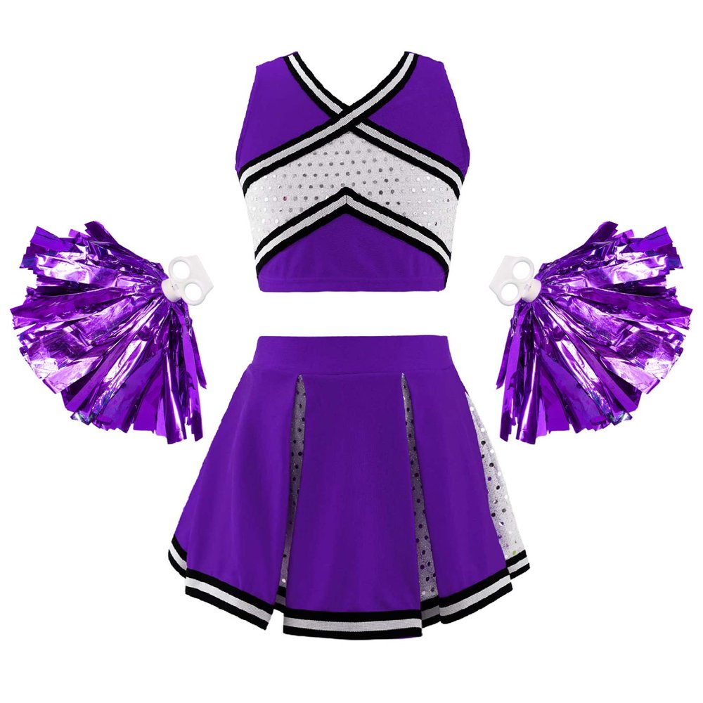 Aislor Girl's Cheer Leader Costume Cheerleading Uniform Fancy Dress Outfit Cosplay Halloween Costume with Pom Poms 1Purple A 14 Years