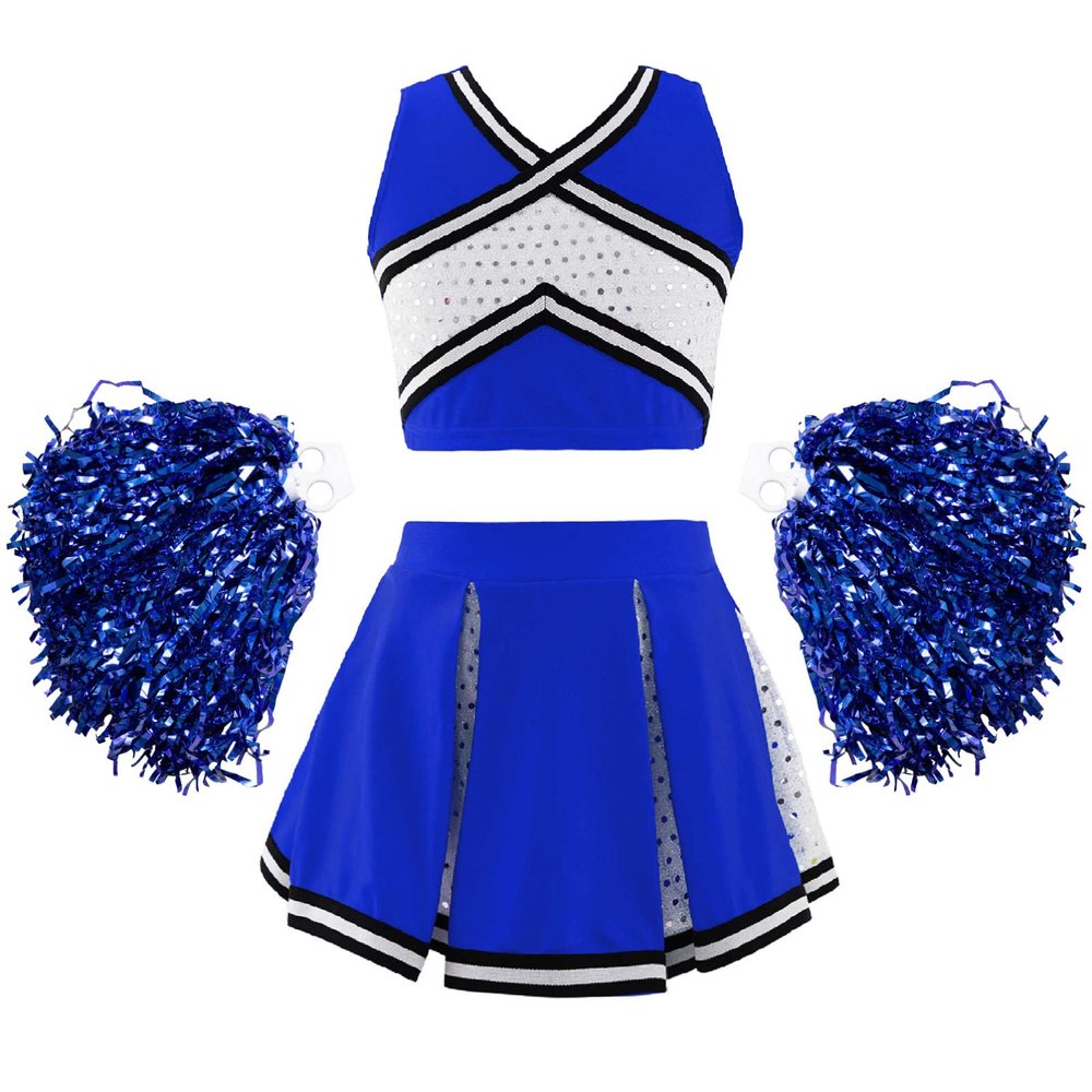 Aislor Girl's Cheer Leader Costume Cheerleading Uniform Fancy Dress Outfit Cosplay Halloween Costume with Pom Poms 2 Royal Blue 14 Years