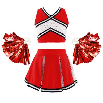 Aislor Girl's Cheer Leader Costume Cheerleading Uniform Fancy Dress Outfit Cosplay Halloween Costume with Pom Poms 1Red A 14 Years