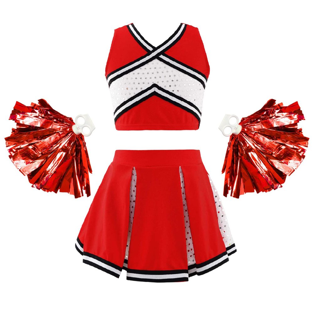 Aislor Girl's Cheer Leader Costume Cheerleading Uniform Fancy Dress Outfit Cosplay Halloween Costume with Pom Poms 1Red A 14 Years