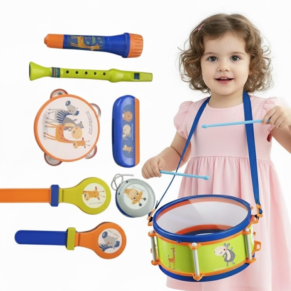 LITTLE FUN TIMES Toddler Musical Instruments Toys, Kids Drum Set, Percussion, Harmonica, Maraca, Flute, Tambourine, Birthday Gifts for 18 Months Olds Ages 2 3 4 5 Years Boys Girls Children, 9 Pcs