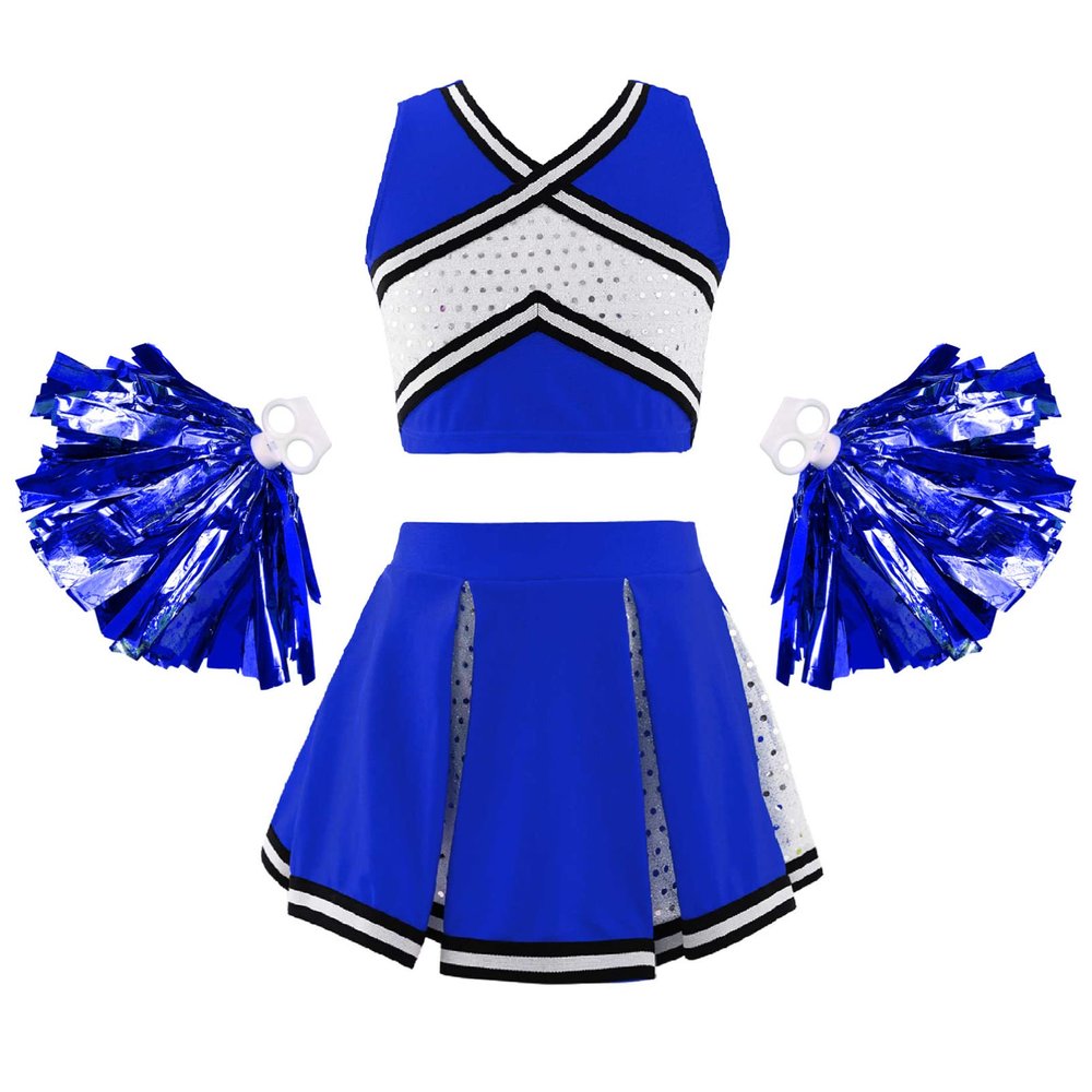 Aislor Girl's Cheer Leader Costume Cheerleading Uniform Fancy Dress Outfit Cosplay Halloween Costume with Pom Poms 1Royal Blue A 14 Years