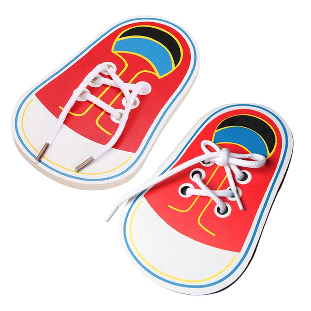 Acxico 2 pcs Wooden Lacing Shoe Learn to Tie Laces Threading Educational Motor Skills Toy