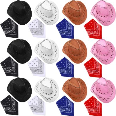 Haysandy 24 Pcs 12 Set Western Hat Bandanna for Adult Felt Cowboy Party Hats with Paisley Bandannas Multicolored for Birthday Halloween Christmas Carnival Costume Accessories Cosplay Party