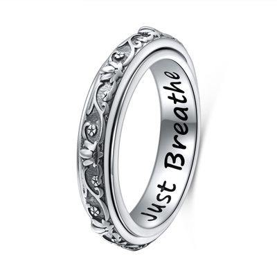 Ladytree Spinner Fidget Ring S925 Sterling Silver Lotus Flower Yoga Just Breathe Anxiety Worry Band Oxidized Stress Relieving Boredom ADHD Autism Rings for Women Men,Size 8
