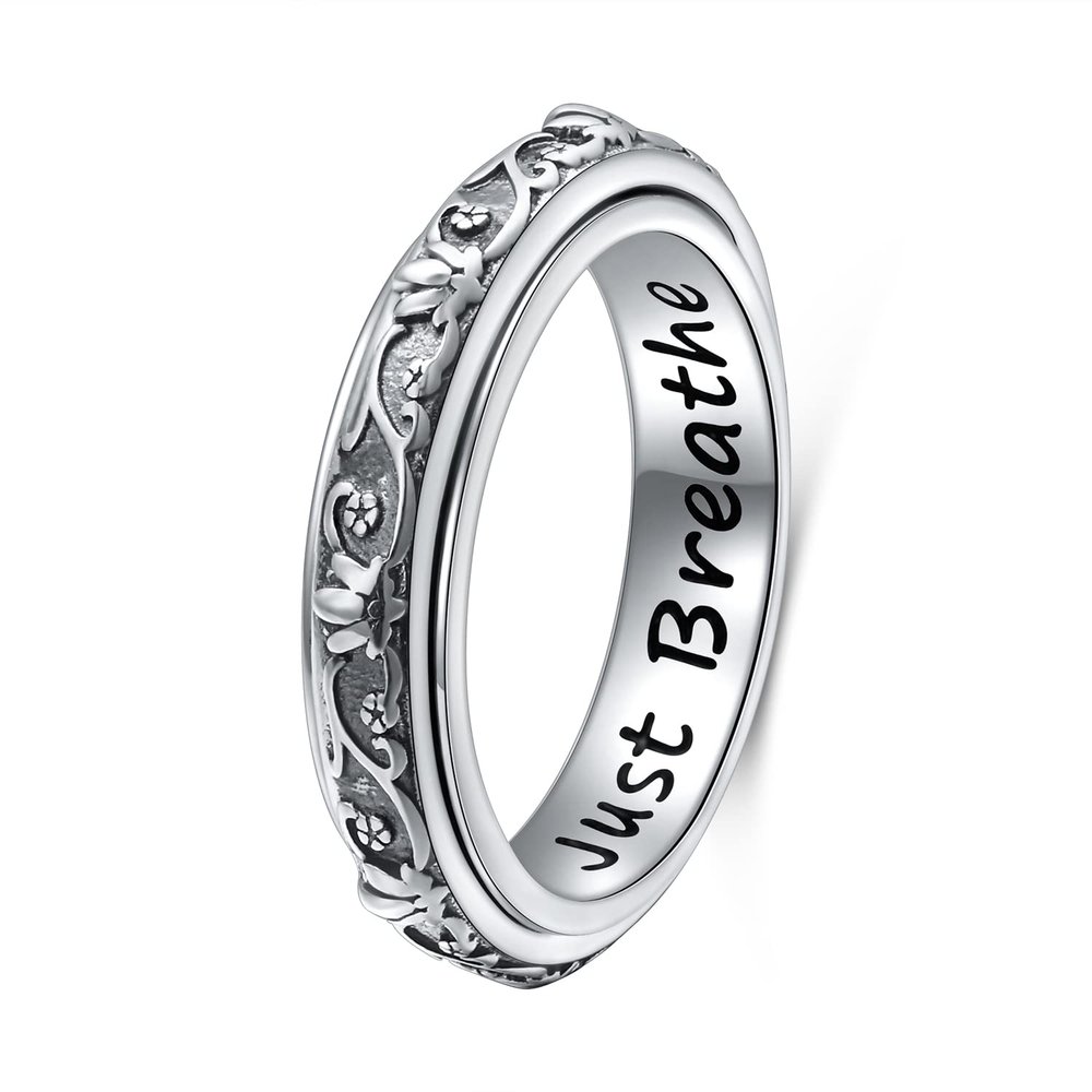 Ladytree Spinner Fidget Ring S925 Sterling Silver Lotus Flower Yoga Just Breathe Anxiety Worry Band Oxidized Stress Relieving Boredom ADHD Autism Rings for Women Men,Size 8
