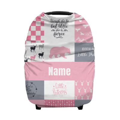 Personalized Woodland Deer and Bear Pink Baby Car Seat Covers with Name, Custom Nursing Cover Breastfeeding for Babies, Carseat Canopy for Girls, Infant Stroller Cover, Breathable Carseat Cover