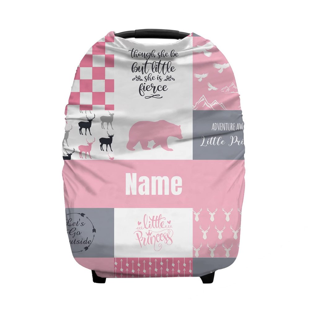 Personalized Woodland Deer and Bear Pink Baby Car Seat Covers with Name, Custom Nursing Cover Breastfeeding for Babies, Carseat Canopy for Girls, Infant Stroller Cover, Breathable Carseat Cover