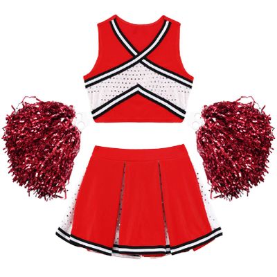 Aislor Girl's Cheer Leader Costume Cheerleading Uniform Fancy Dress Outfit Cosplay Halloween Costume with Pom Poms 2 Red 14 Years