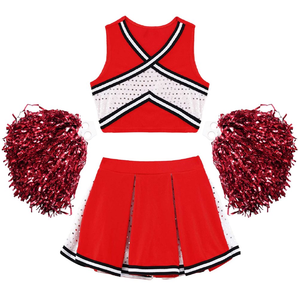 Aislor Girl's Cheer Leader Costume Cheerleading Uniform Fancy Dress Outfit Cosplay Halloween Costume with Pom Poms 2 Red 14 Years