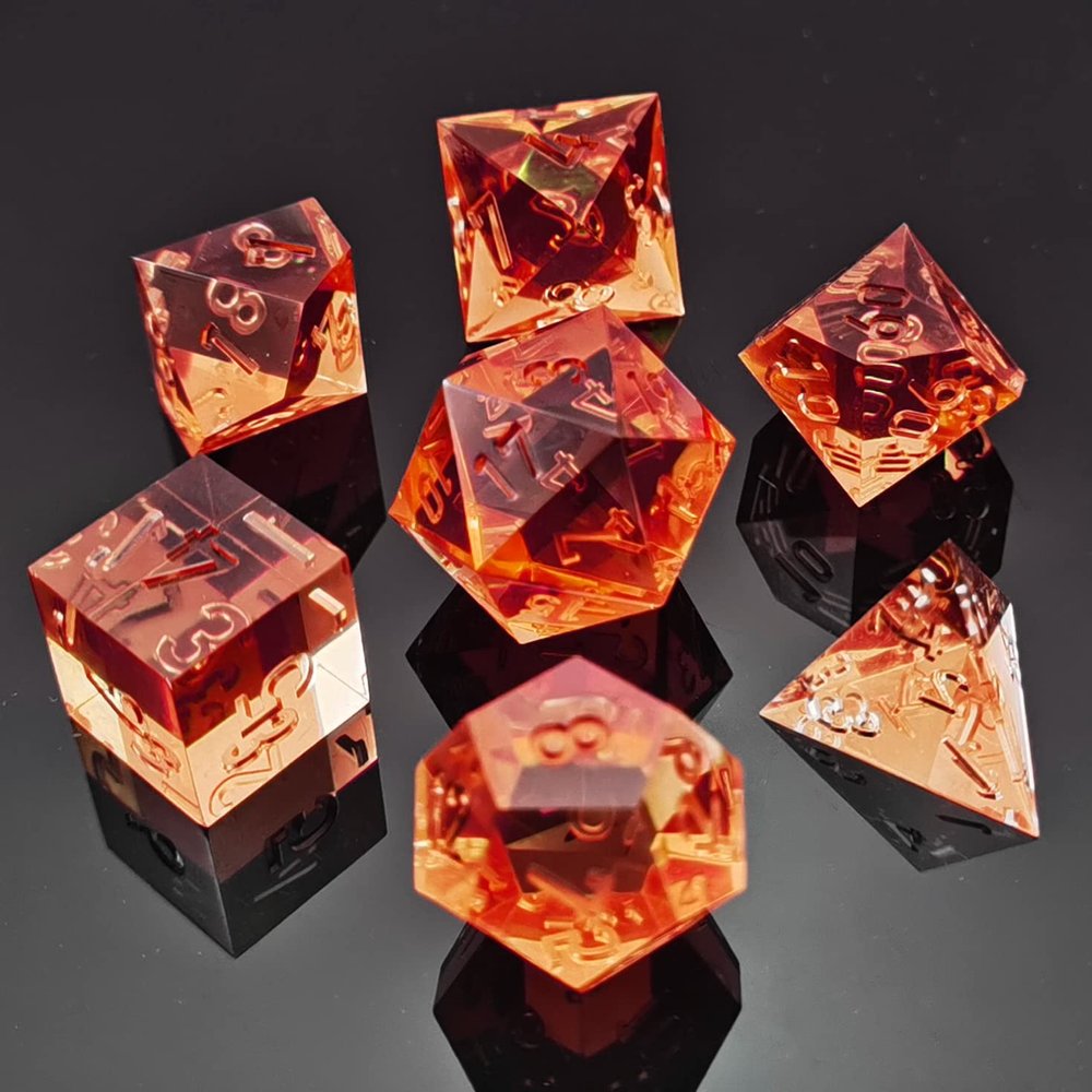 Bescon Crystal Clear (Unpainted) Sharp Edge DND Dice Set of 7, Razor Edged Polyhedral D&D Dice Set for Dungeons and Dragons Role Playing Games, Tangerine Color